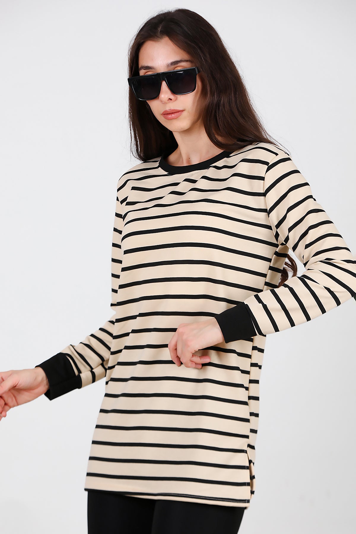 Kadın Yanı Yırtmaçlı Çizgili Tunik Siyah