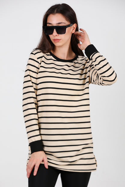 Kadın Yanı Yırtmaçlı Çizgili Tunik Siyah