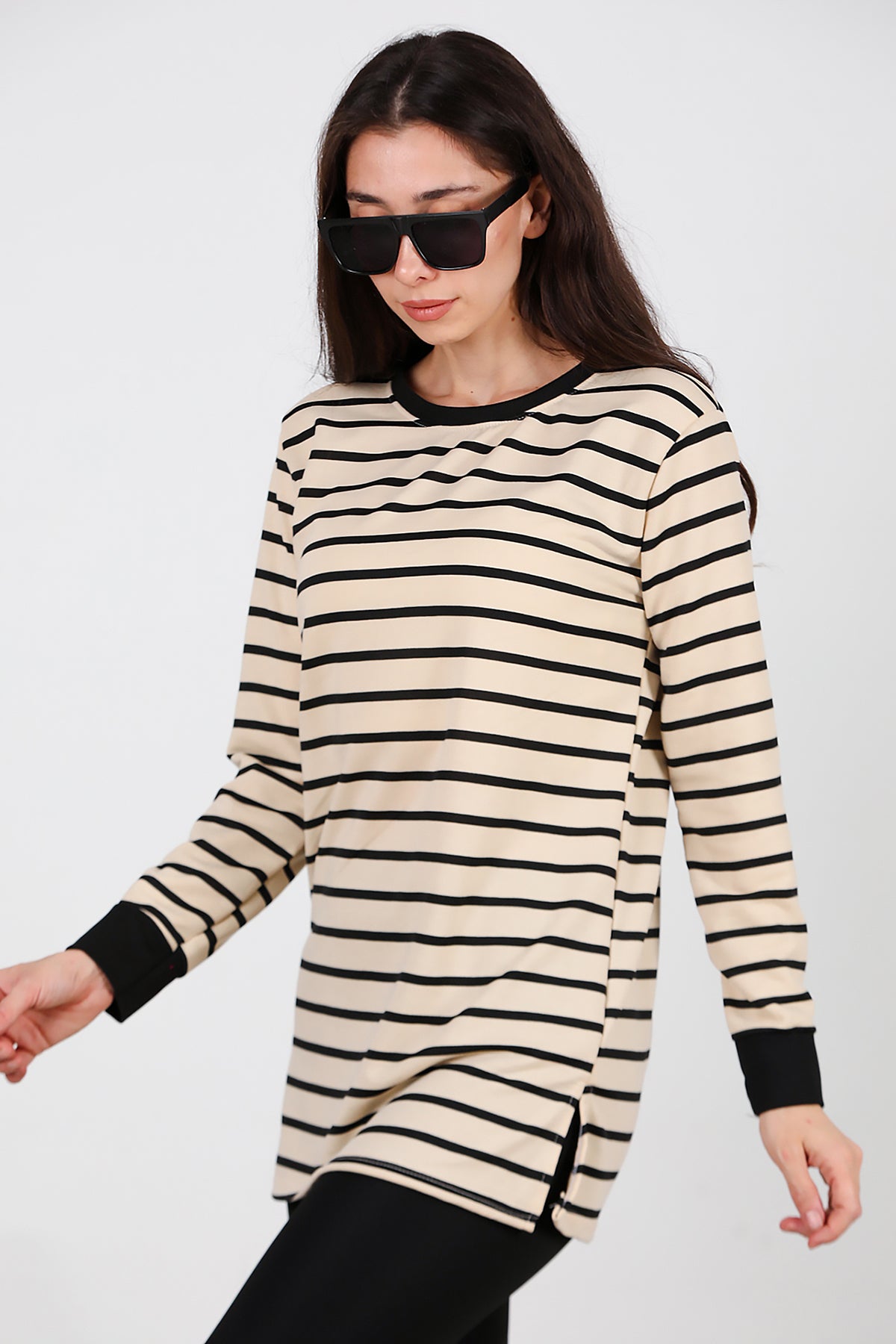 Kadın Yanı Yırtmaçlı Çizgili Tunik Siyah