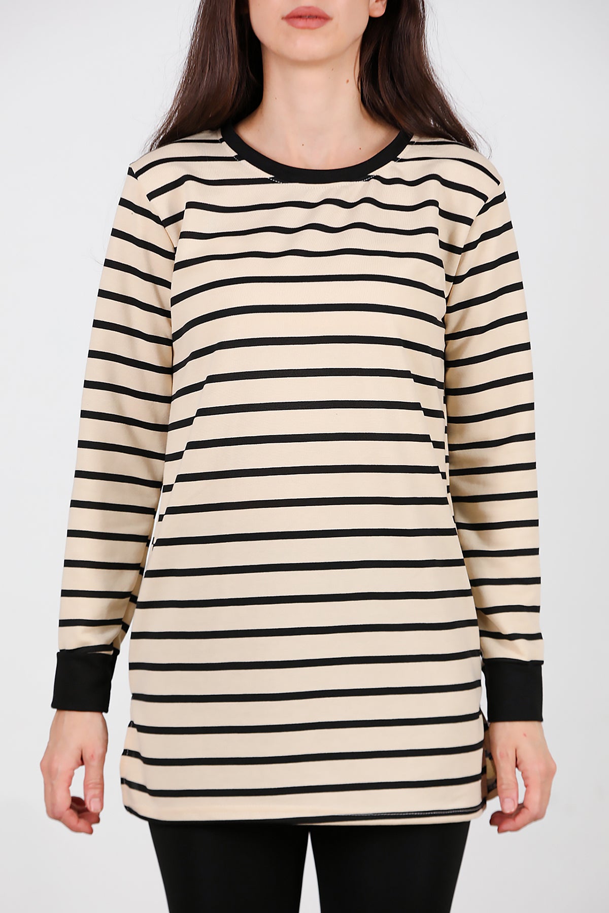 Kadın Yanı Yırtmaçlı Çizgili Tunik Siyah