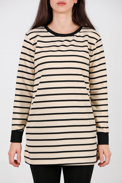 Kadın Yanı Yırtmaçlı Çizgili Tunik Siyah