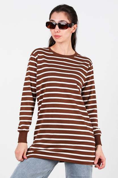 Kadın Yanı Yırtmaçlı Çizgili Tunik Taba