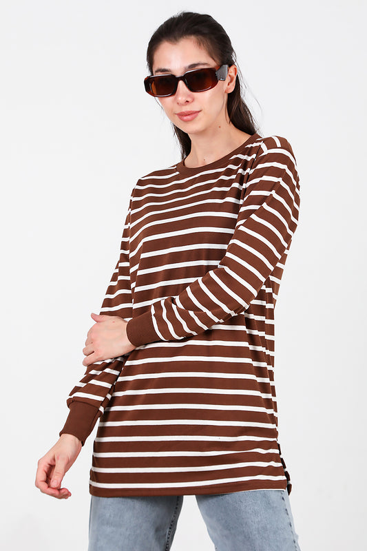 Kadın Yanı Yırtmaçlı Çizgili Tunik Taba