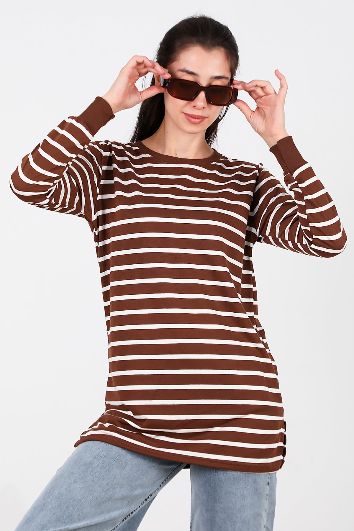 Kadın Yanı Yırtmaçlı Çizgili Tunik Taba