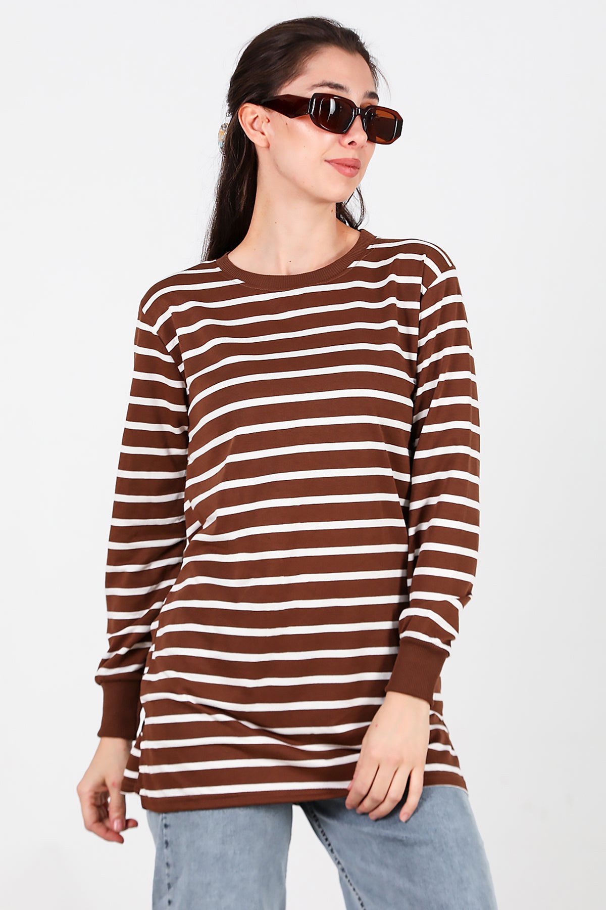 Kadın Yanı Yırtmaçlı Çizgili Tunik Taba