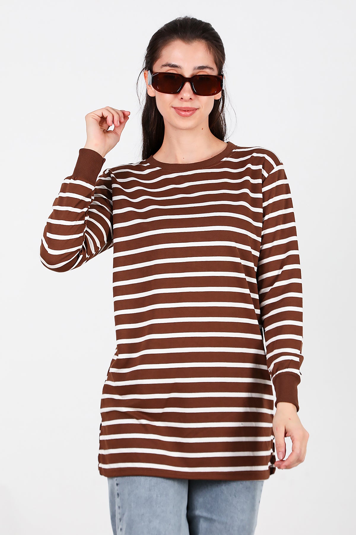 Kadın Yanı Yırtmaçlı Çizgili Tunik Taba