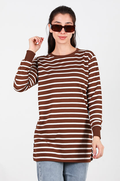 Kadın Yanı Yırtmaçlı Çizgili Tunik Taba