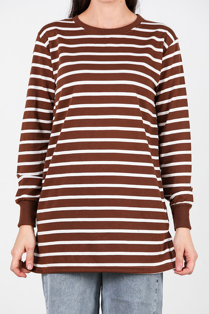 Kadın Yanı Yırtmaçlı Çizgili Tunik Taba