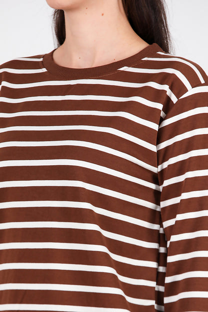 Kadın Yanı Yırtmaçlı Çizgili Tunik Taba