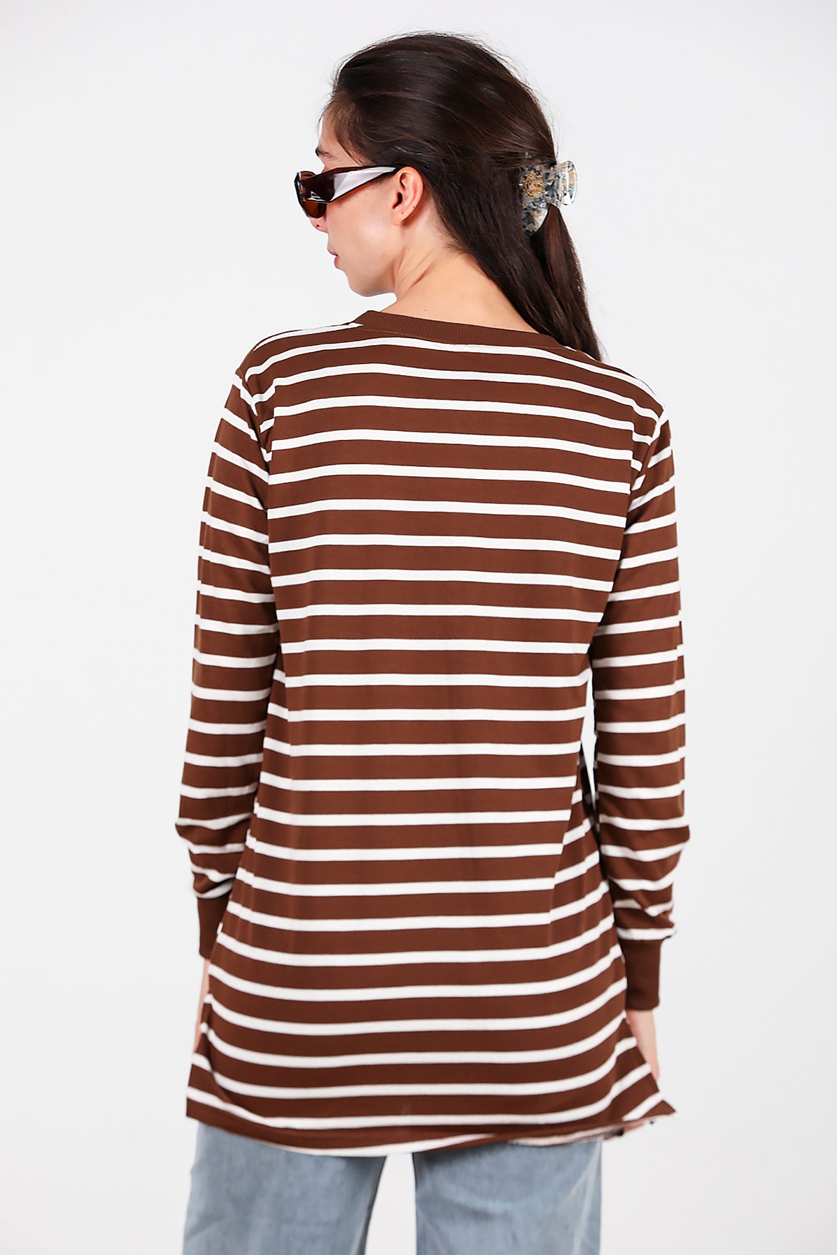 Kadın Yanı Yırtmaçlı Çizgili Tunik Taba