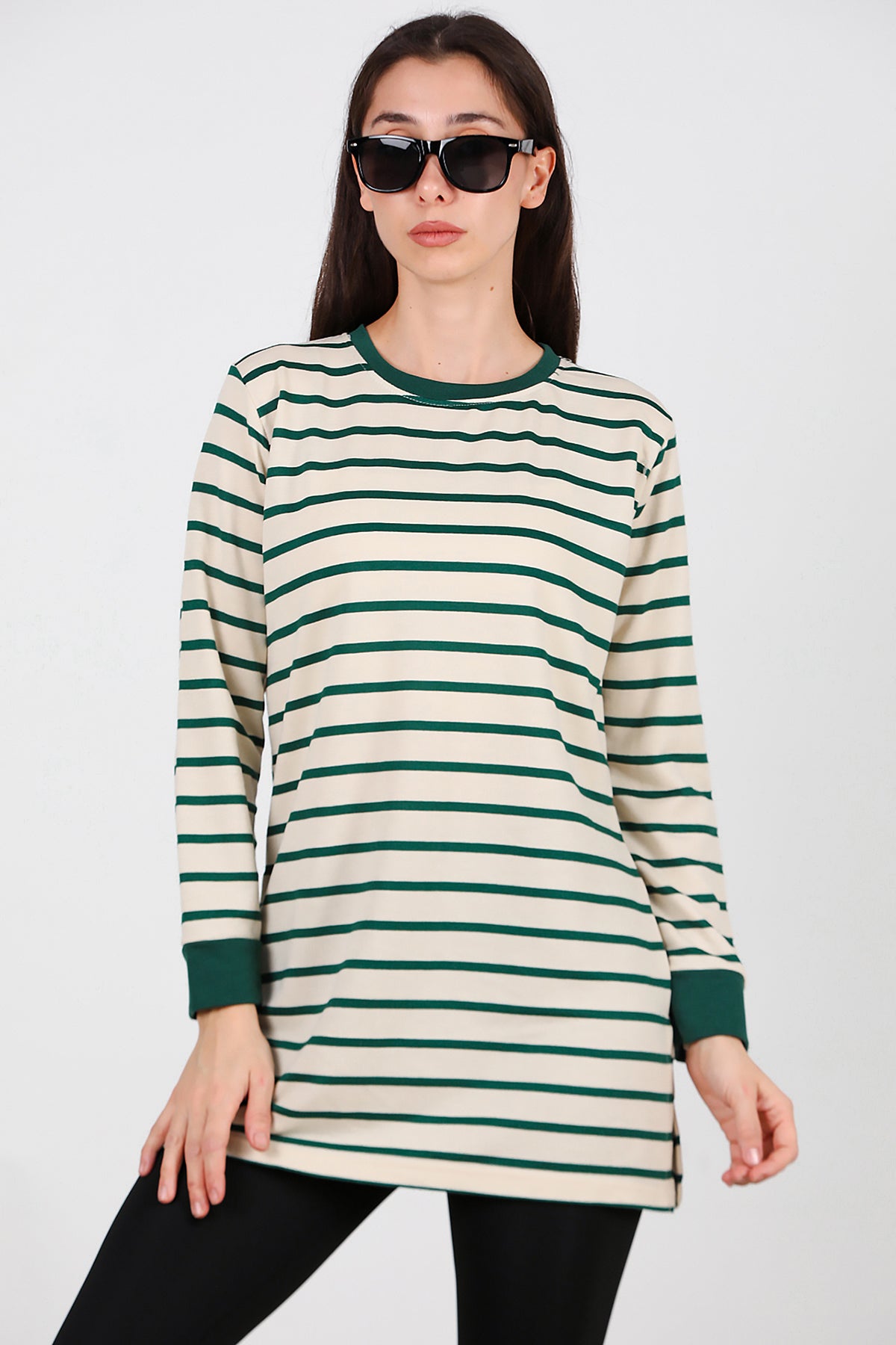 Kadın Yanı Yırtmaçlı Çizgili Tunik Yeşil