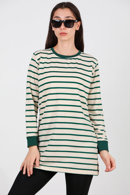 Kadın Yanı Yırtmaçlı Çizgili Tunik Yeşil