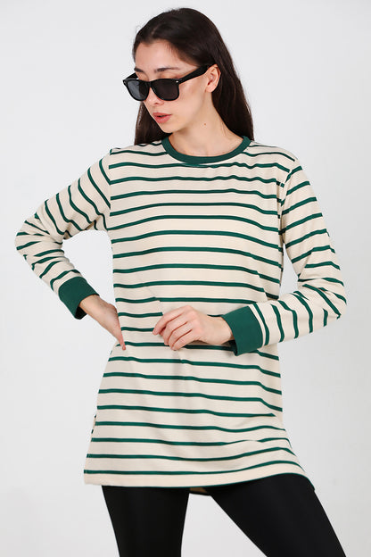 Kadın Yanı Yırtmaçlı Çizgili Tunik Yeşil
