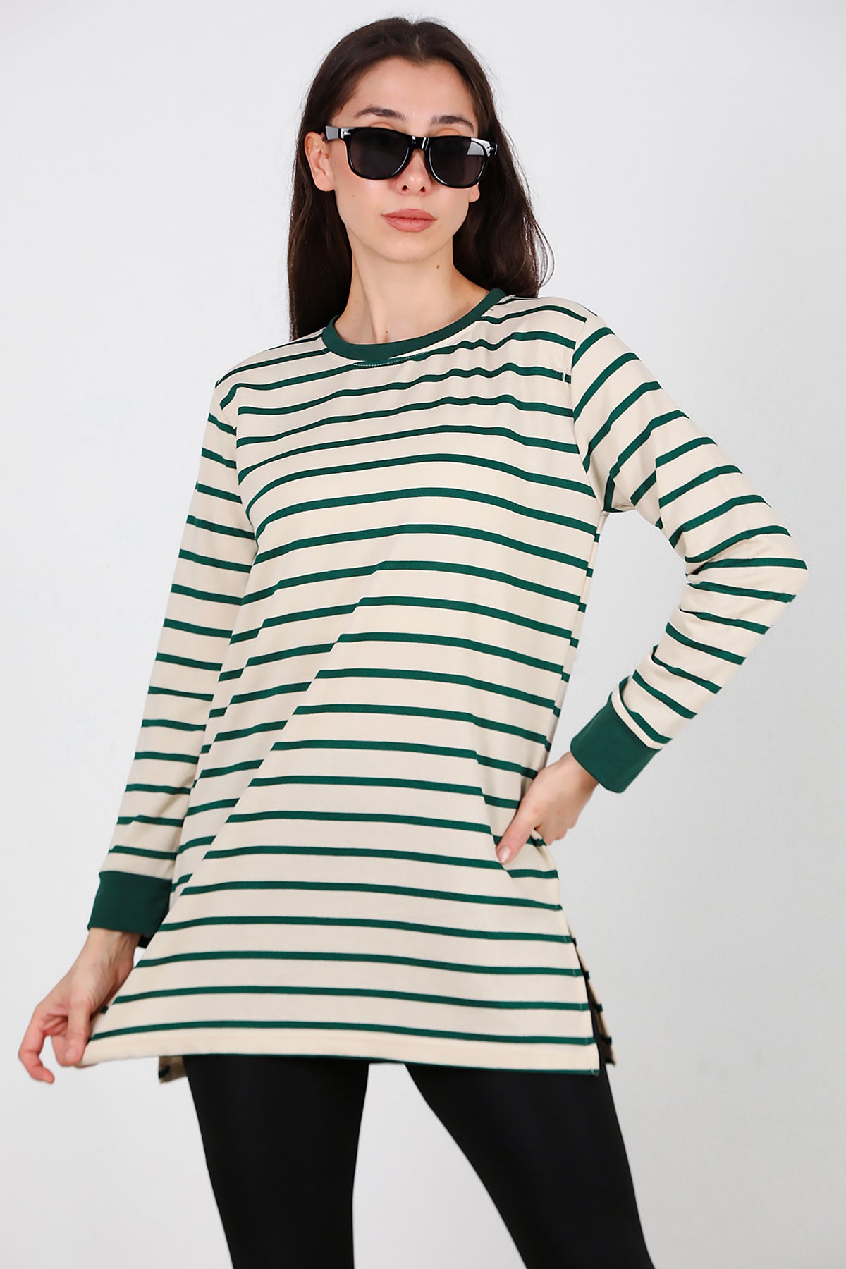 Kadın Yanı Yırtmaçlı Çizgili Tunik Yeşil