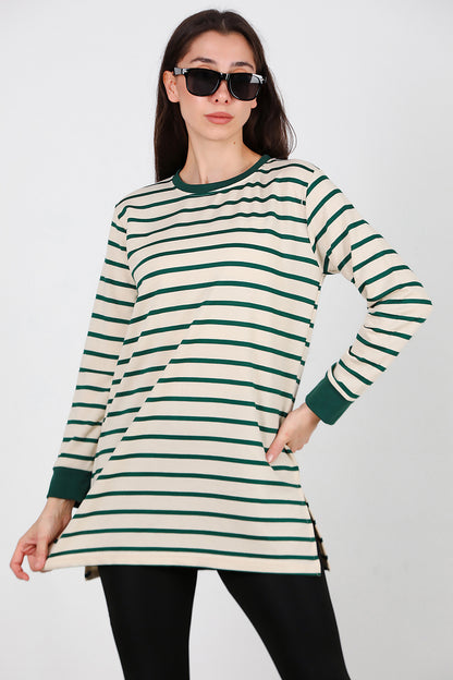 Kadın Yanı Yırtmaçlı Çizgili Tunik Yeşil