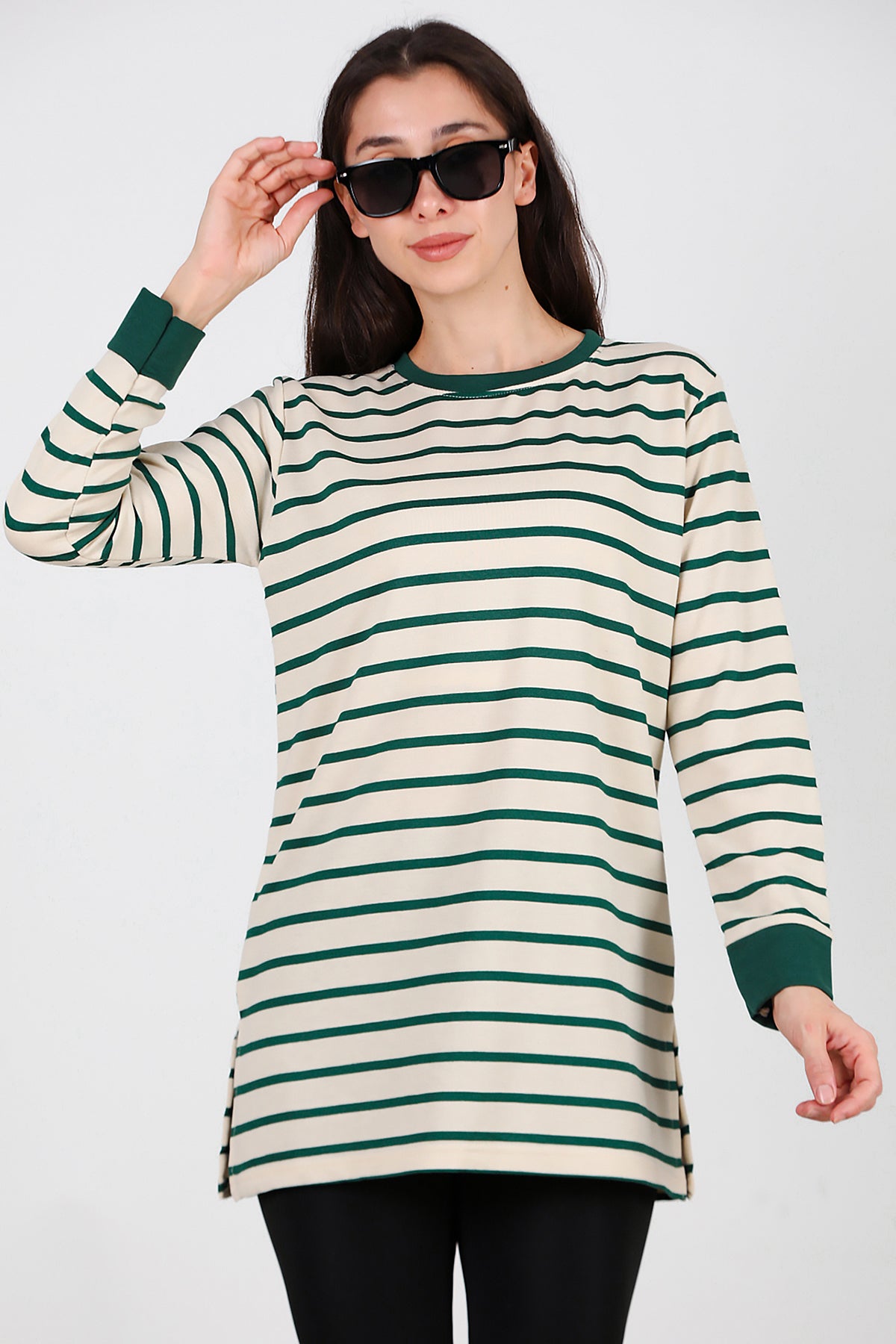 Kadın Yanı Yırtmaçlı Çizgili Tunik Yeşil