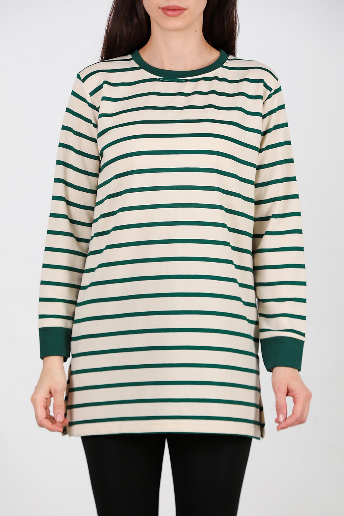 Kadın Yanı Yırtmaçlı Çizgili Tunik Yeşil