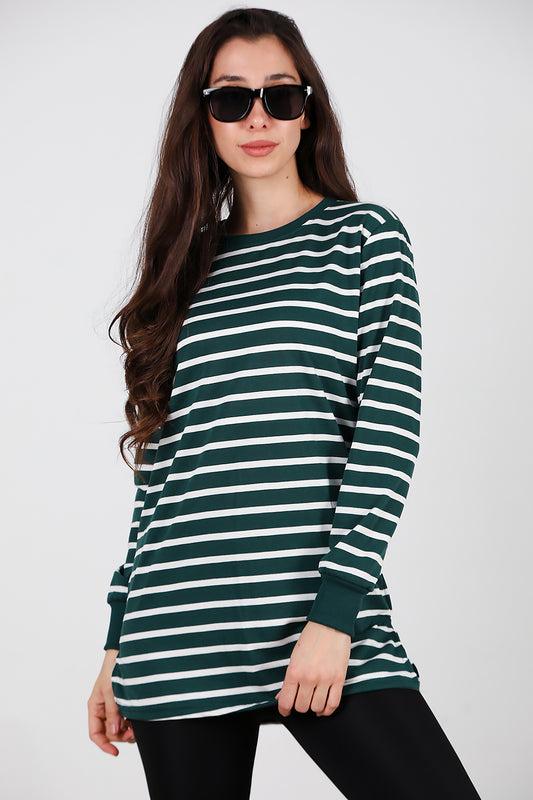 Kadın Yanı Yırtmaçlı Çizgili Tunik Zümrüt