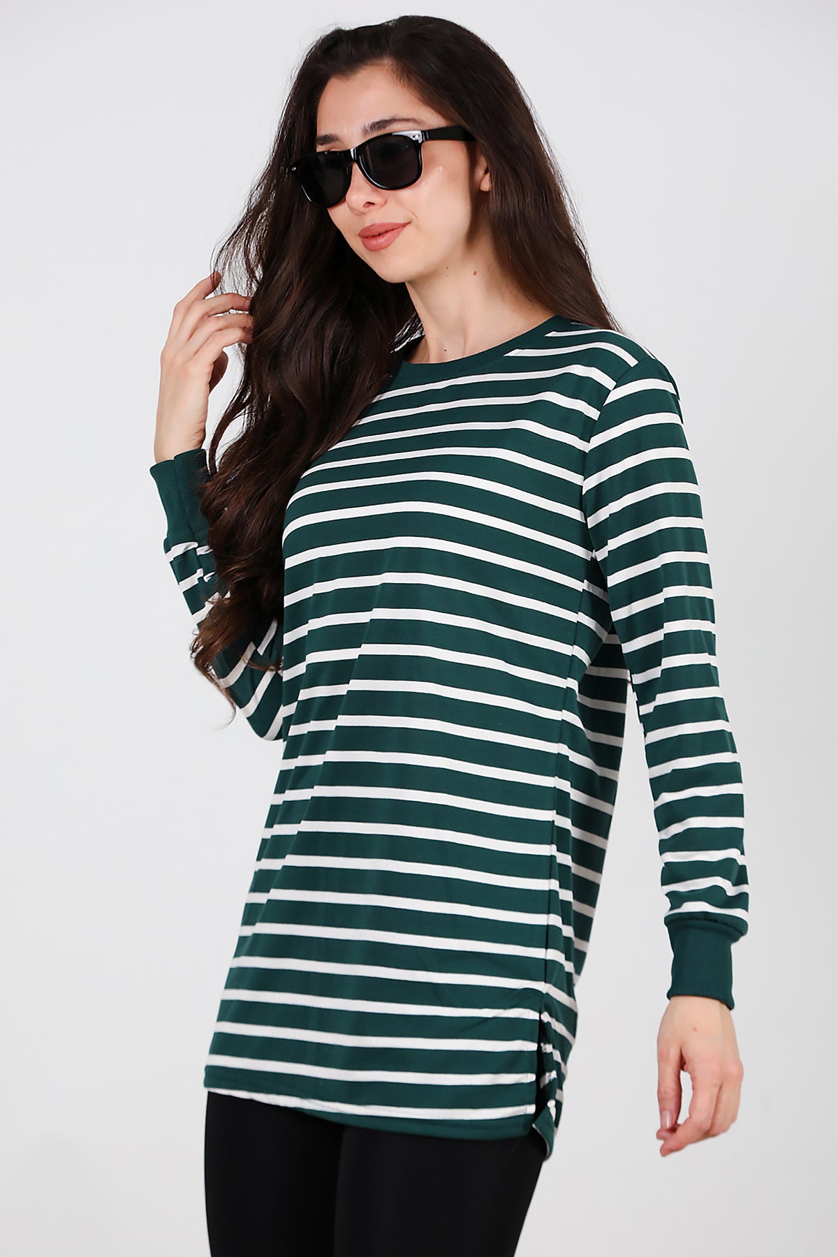 Kadın Yanı Yırtmaçlı Çizgili Tunik Zümrüt