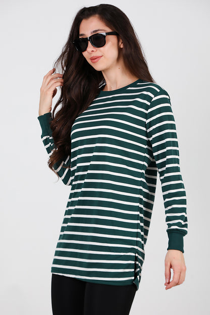Kadın Yanı Yırtmaçlı Çizgili Tunik Zümrüt