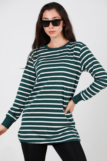 Kadın Yanı Yırtmaçlı Çizgili Tunik Zümrüt