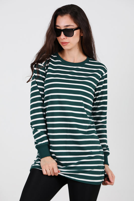 Kadın Yanı Yırtmaçlı Çizgili Tunik Zümrüt