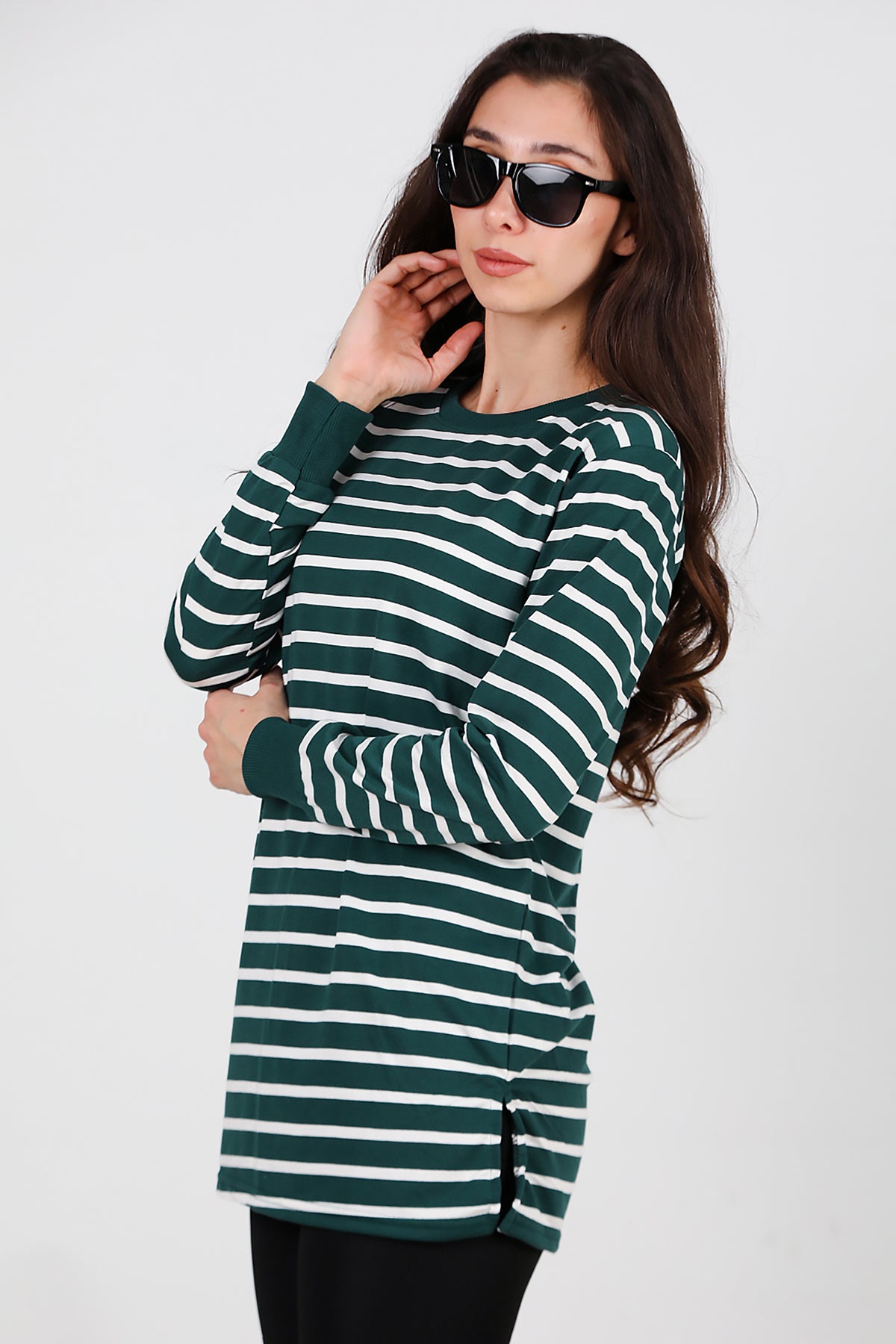 Kadın Yanı Yırtmaçlı Çizgili Tunik Zümrüt