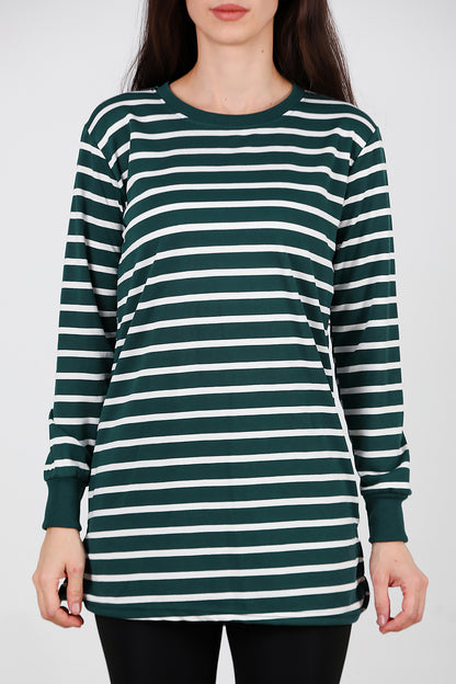 Kadın Yanı Yırtmaçlı Çizgili Tunik Zümrüt