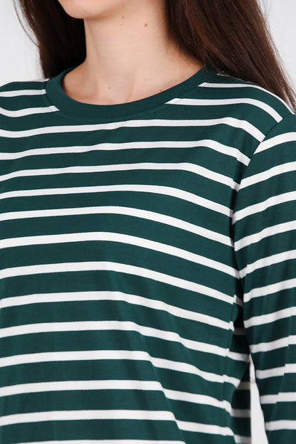 Kadın Yanı Yırtmaçlı Çizgili Tunik Zümrüt