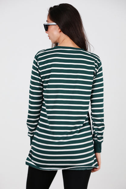 Kadın Yanı Yırtmaçlı Çizgili Tunik Zümrüt