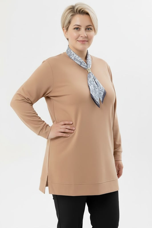 Scarfmode Büyük Beden Fularlı Tunik Bej