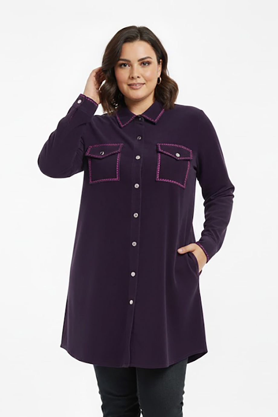 Veloura Büyük Beden Önü Düğmeli Süet Tunik Mor
