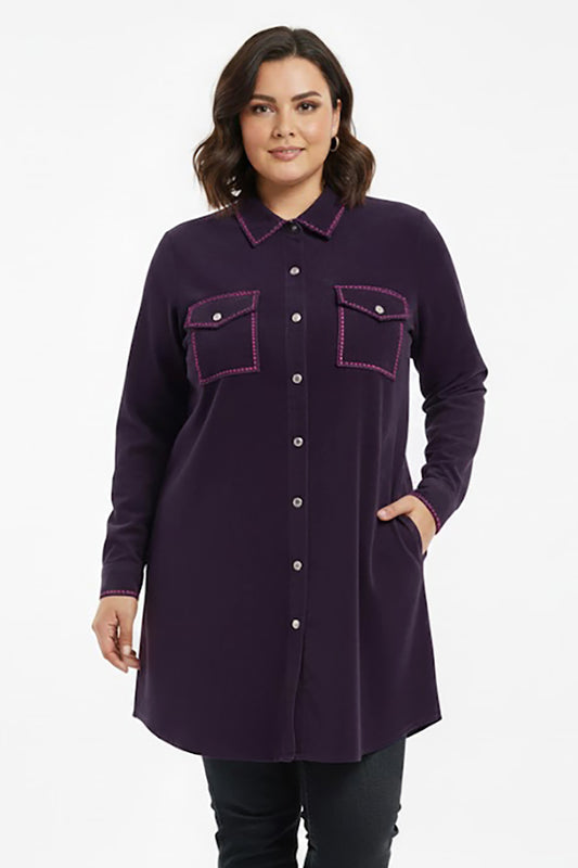 Veloura Büyük Beden Önü Düğmeli Süet Tunik Mor