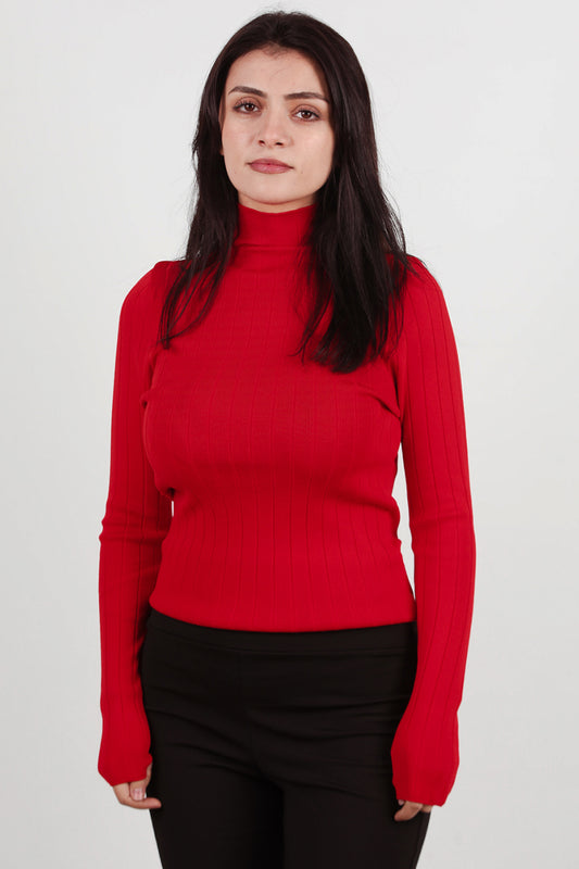 Contour Kadın Balıkçı Yaka Fitilli Triko Kırmızı