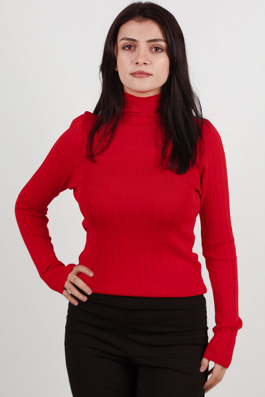 Contour Kadın Balıkçı Yaka Fitilli Triko Kırmızı