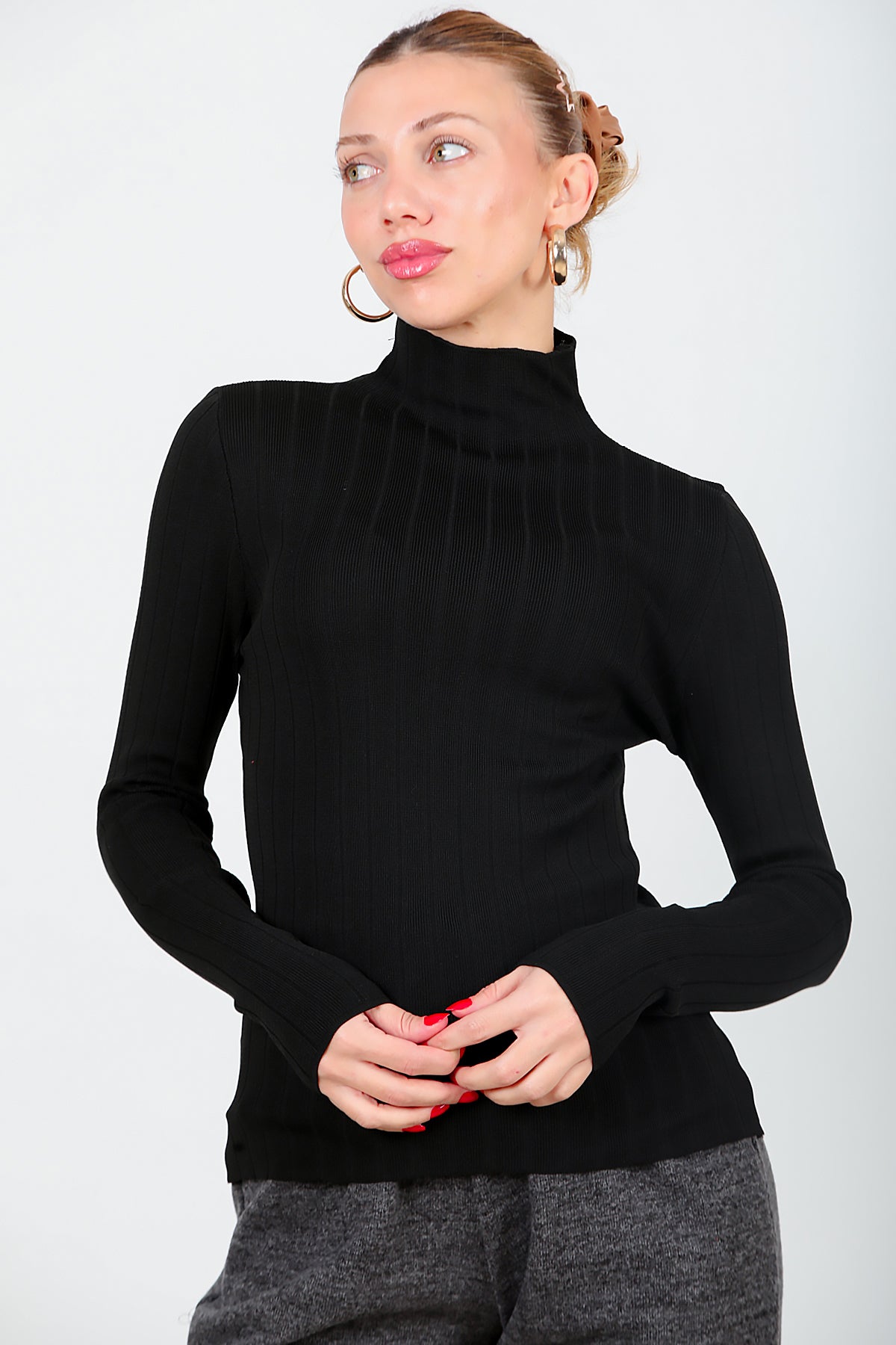 Kadın Balıkçı Yaka Fitilli Triko  Siyah