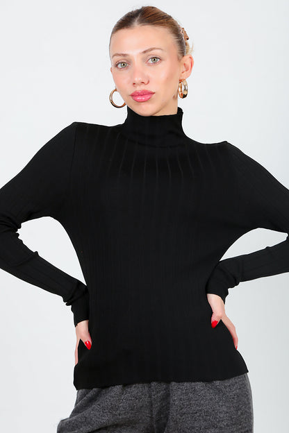 Kadın Balıkçı Yaka Fitilli Triko  Siyah