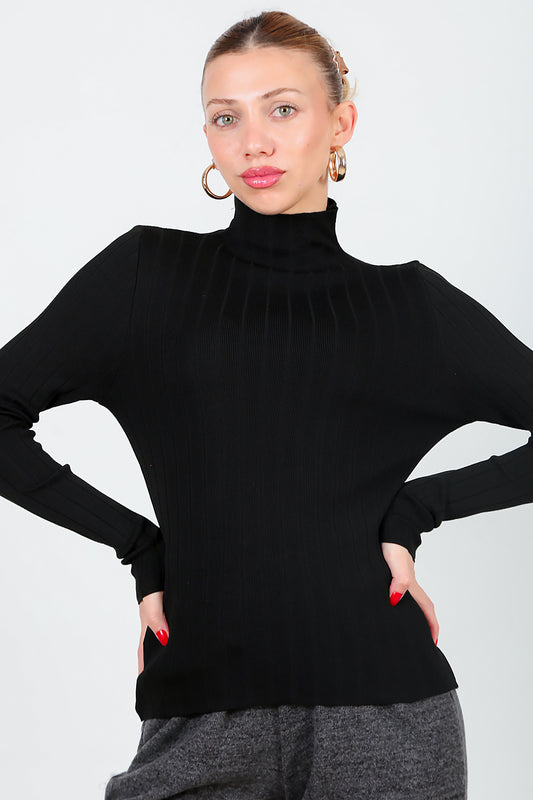 Kadın Balıkçı Yaka Fitilli Triko  Siyah