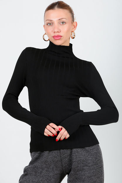 Kadın Balıkçı Yaka Fitilli Triko  Siyah