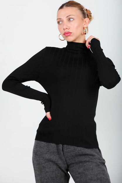 Kadın Balıkçı Yaka Fitilli Triko  Siyah