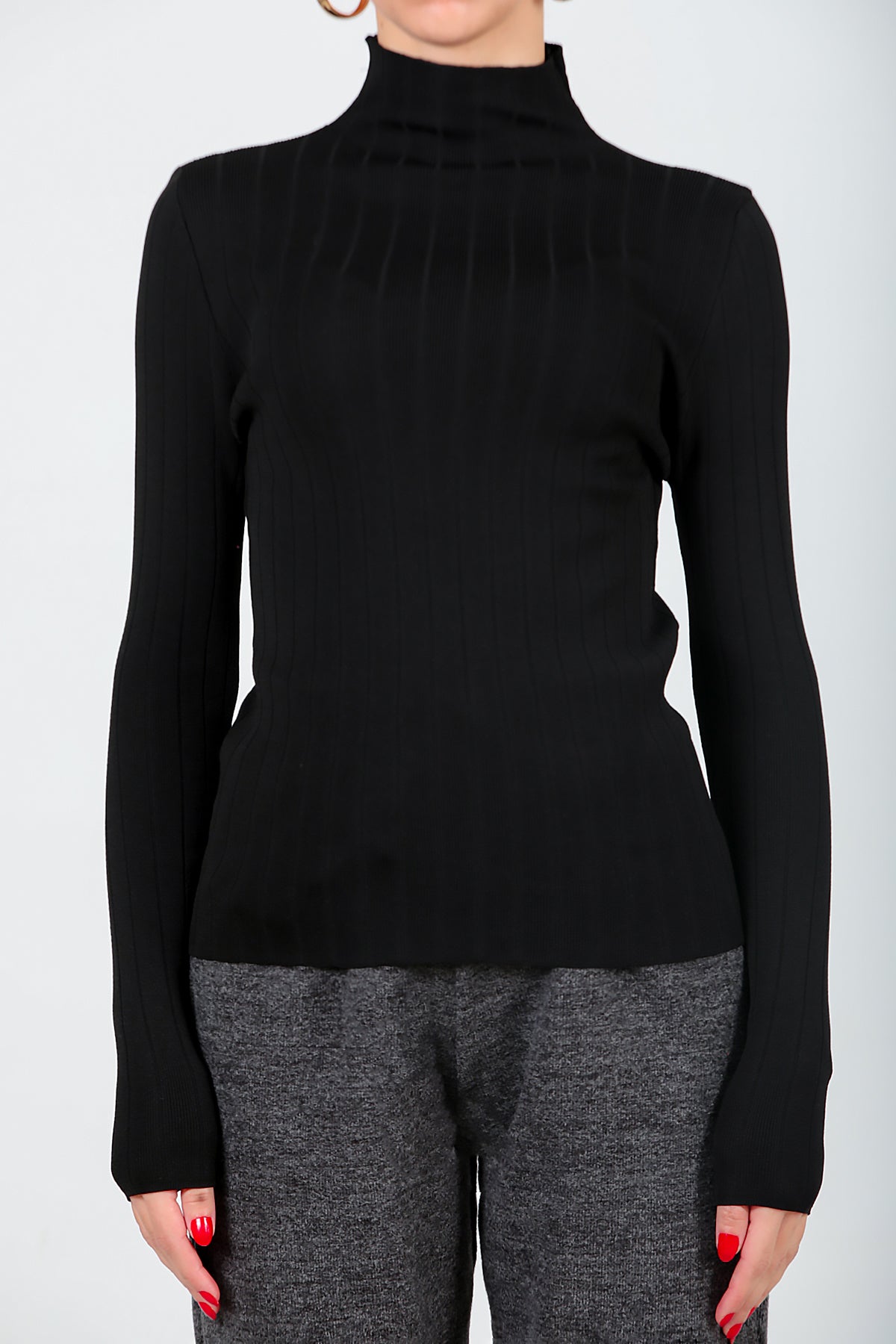 Kadın Balıkçı Yaka Fitilli Triko  Siyah