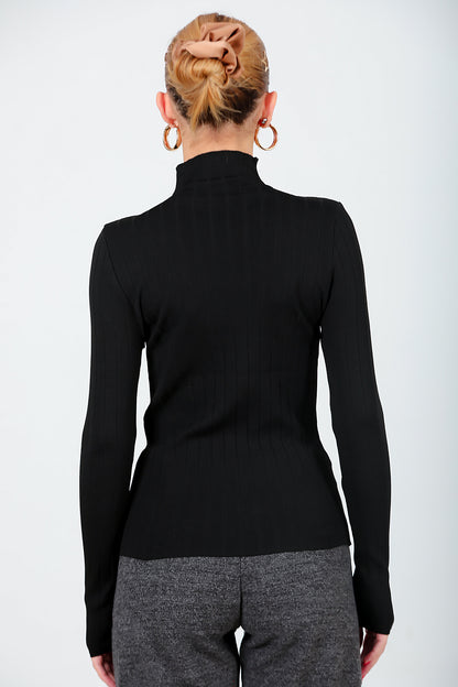Kadın Balıkçı Yaka Fitilli Triko  Siyah