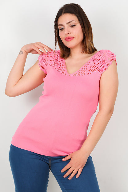 Büyük Beden Ajurlu Triko Bluz Pembe