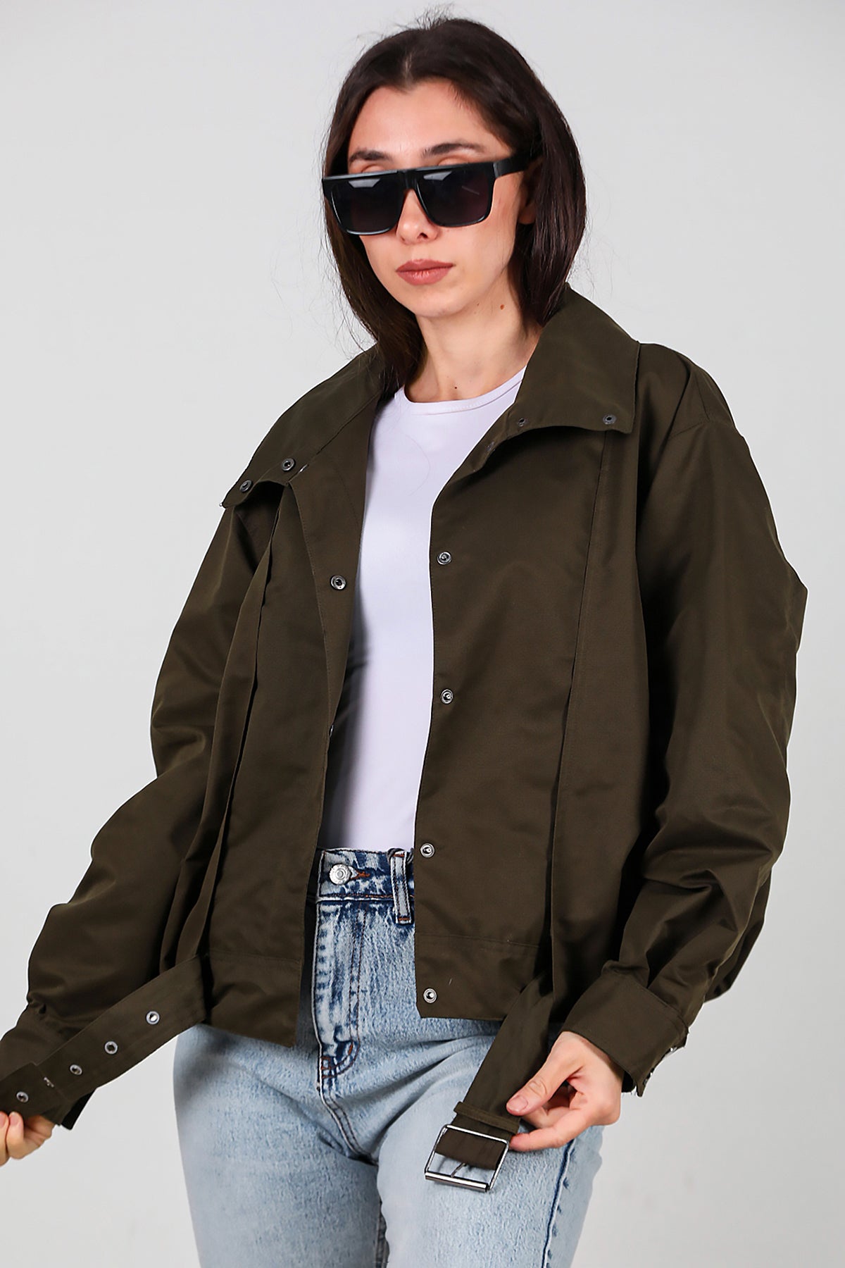 Kadın Çıtçıtlı Pile Detay Kısa Trençkot Haki