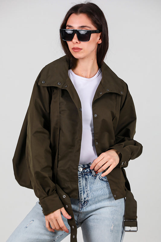 Kadın Çıtçıtlı Pile Detay Kısa Trençkot Haki