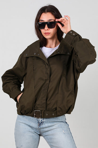 Kadın Çıtçıtlı Pile Detay Kısa Trençkot Haki