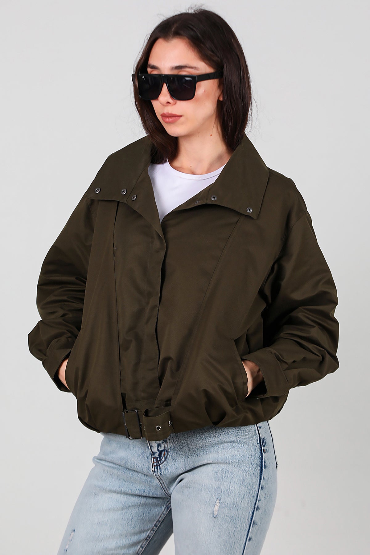 Kadın Çıtçıtlı Pile Detay Kısa Trençkot Haki