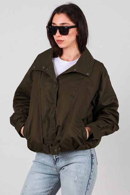 Kadın Çıtçıtlı Pile Detay Kısa Trençkot Haki