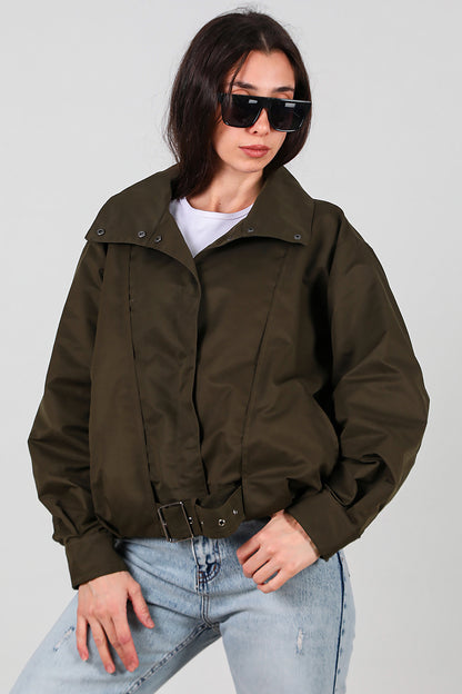 Kadın Çıtçıtlı Pile Detay Kısa Trençkot Haki