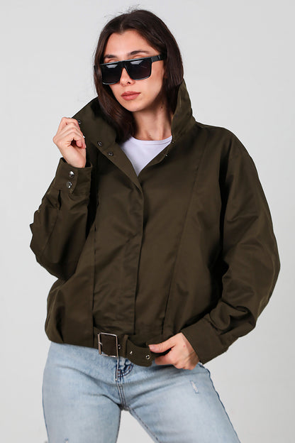 Kadın Çıtçıtlı Pile Detay Kısa Trençkot Haki